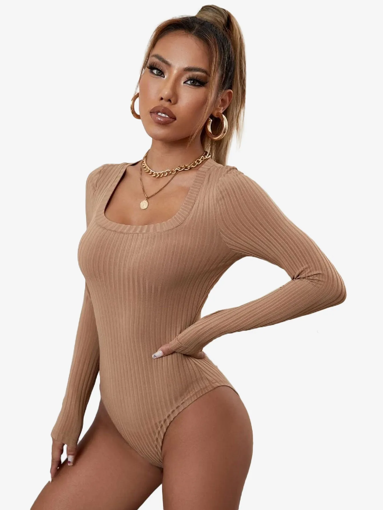 Catchy Ribbed Knit Square Neck Bodysuit
