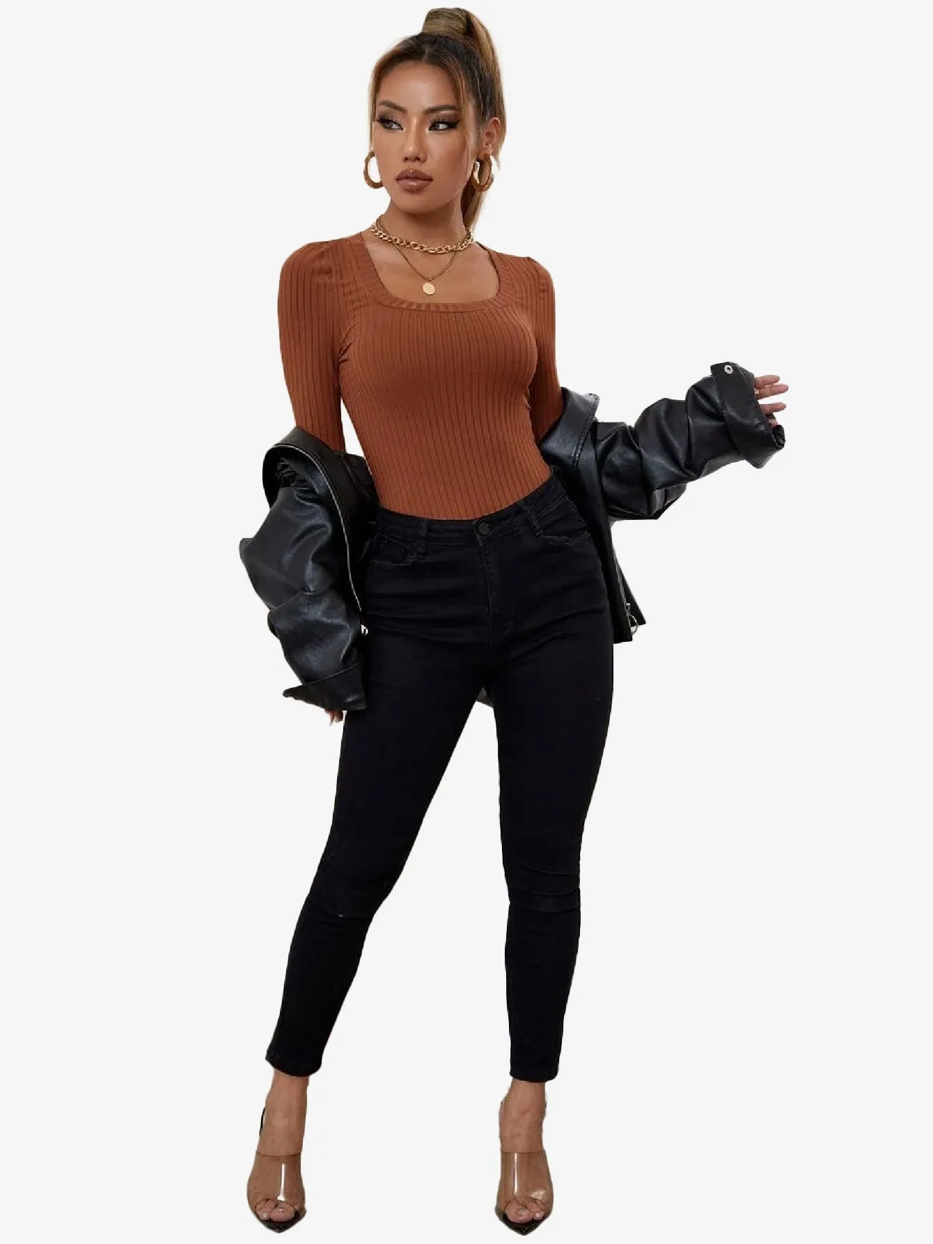 Catchy Ribbed Knit Square Neck Bodysuit