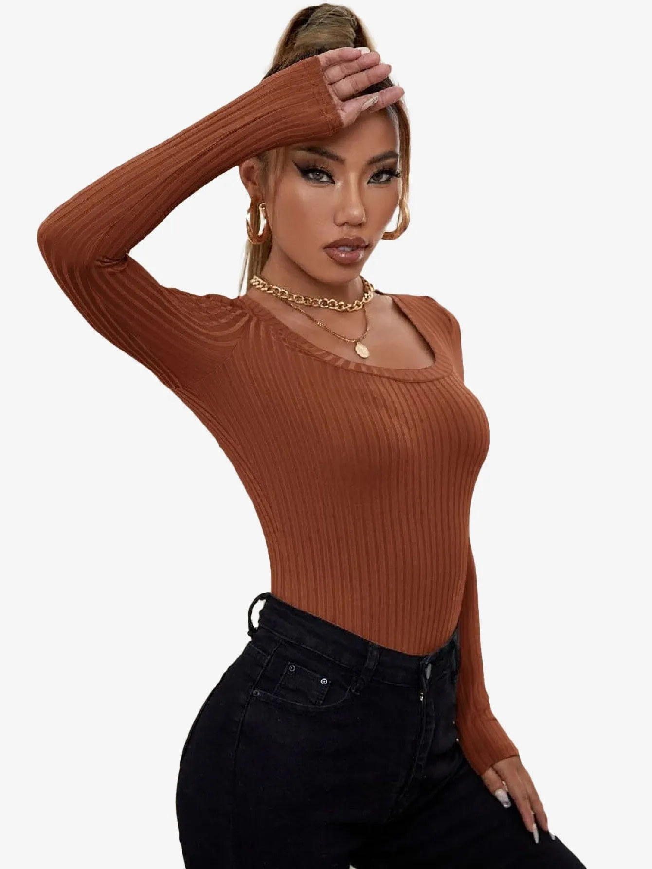 Catchy Ribbed Knit Square Neck Bodysuit