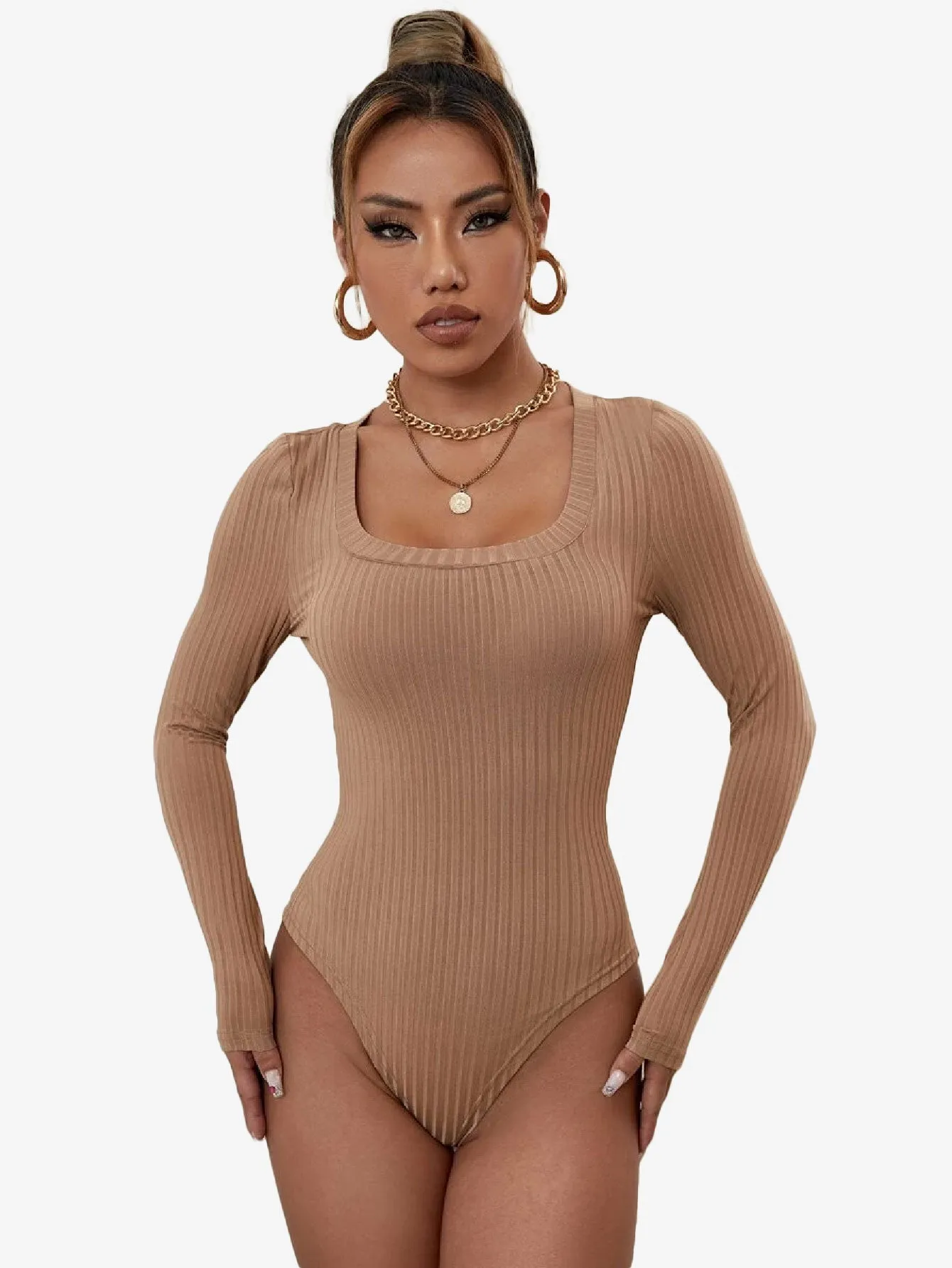 Catchy Ribbed Knit Square Neck Bodysuit