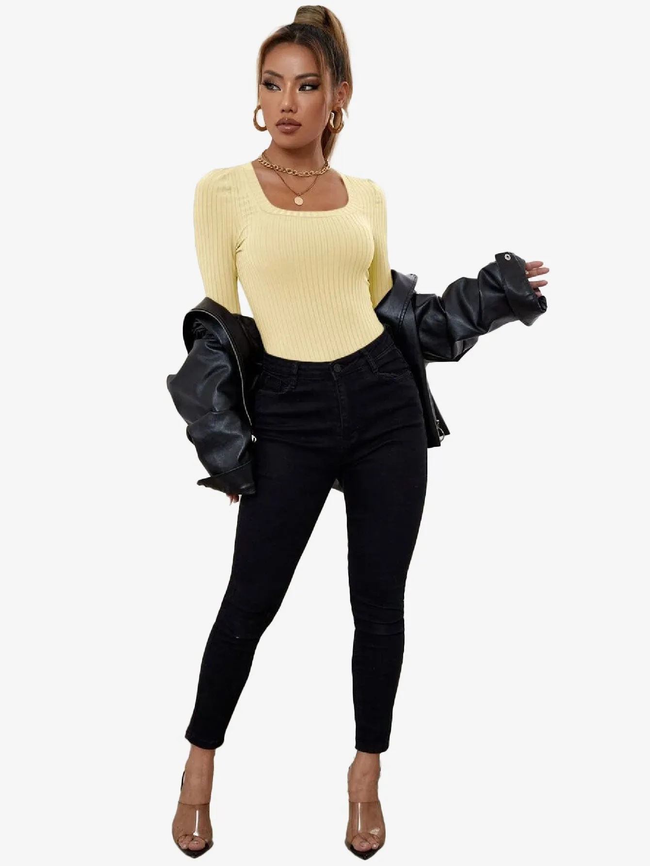 Catchy Ribbed Knit Square Neck Bodysuit