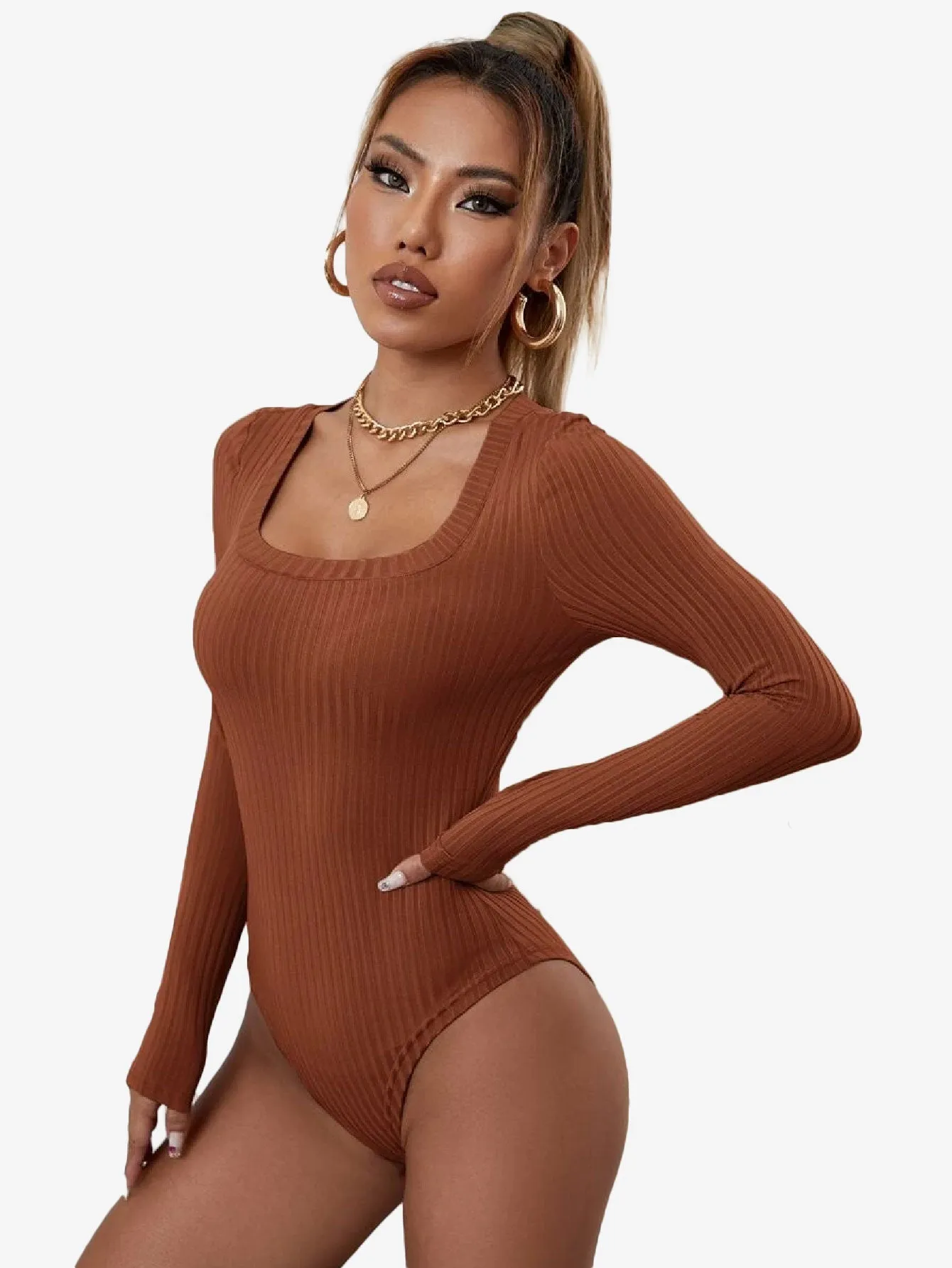 Catchy Ribbed Knit Square Neck Bodysuit
