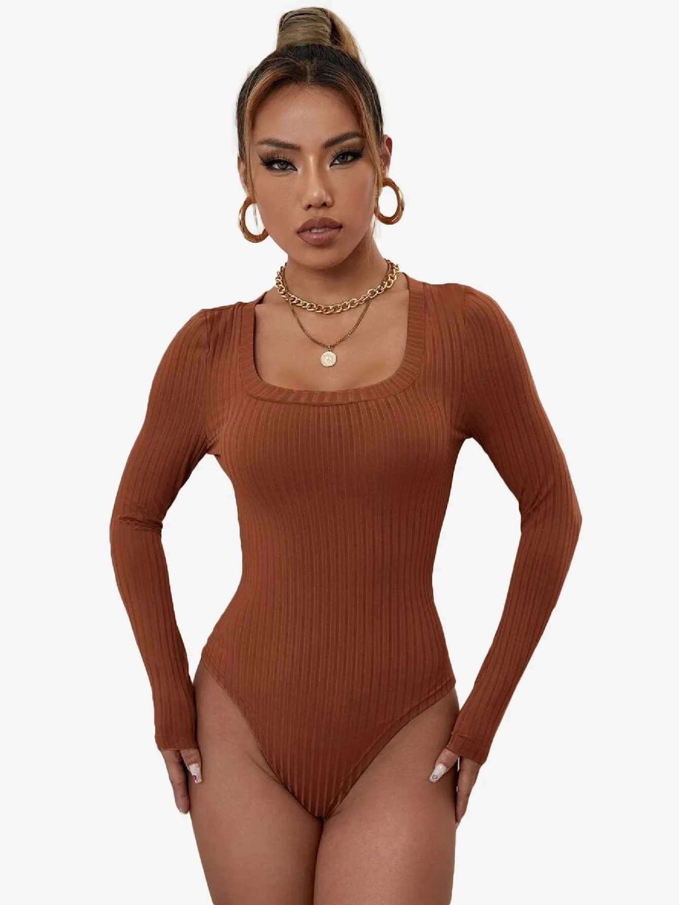 Catchy Ribbed Knit Square Neck Bodysuit