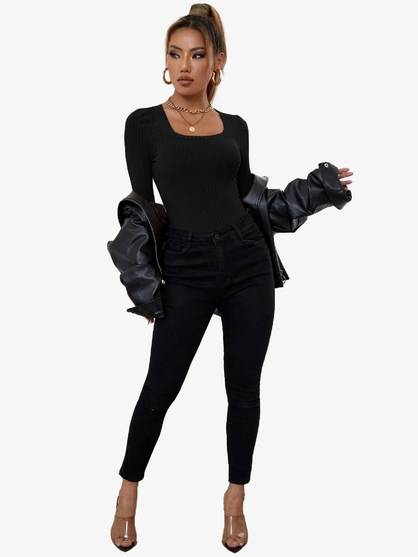 Catchy Ribbed Knit Square Neck Bodysuit