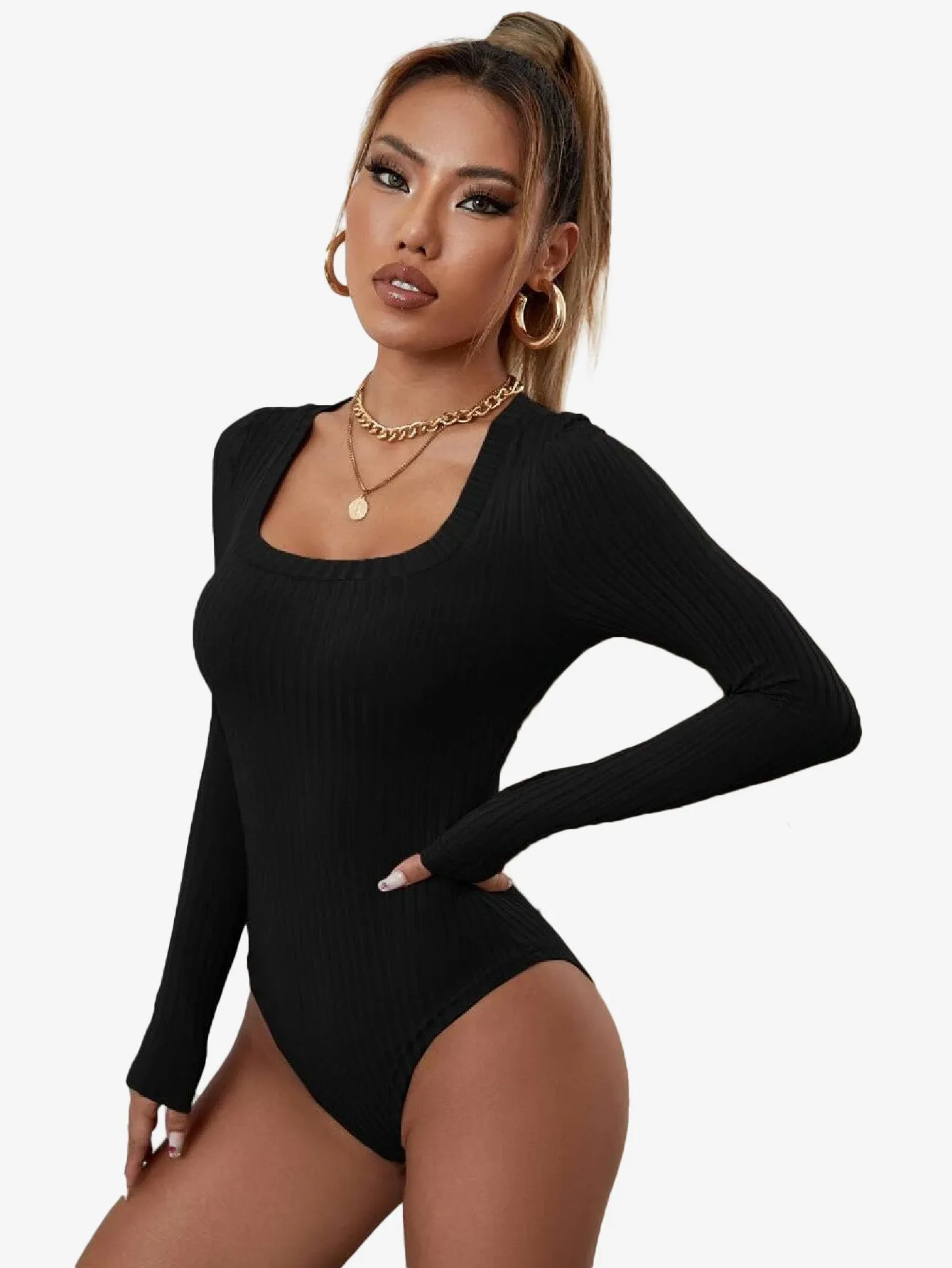Catchy Ribbed Knit Square Neck Bodysuit