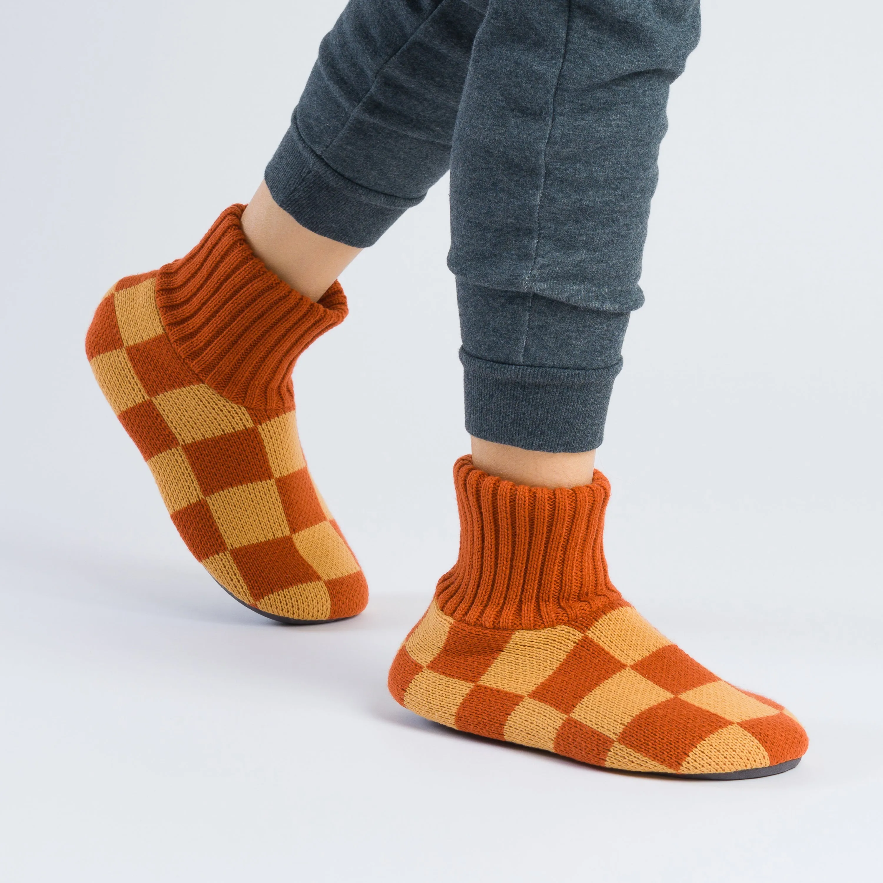 Checkerboard Knit Sock Slippers in Rust Camel