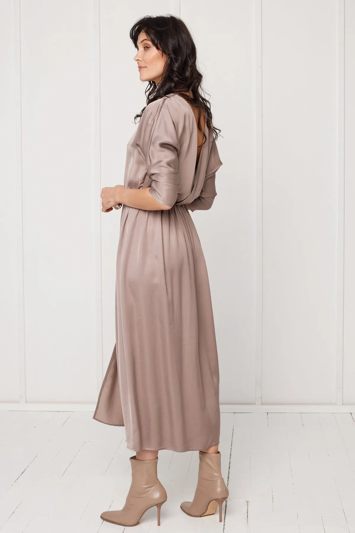 CIARA oversized kimono sleeve midi dress in taupe