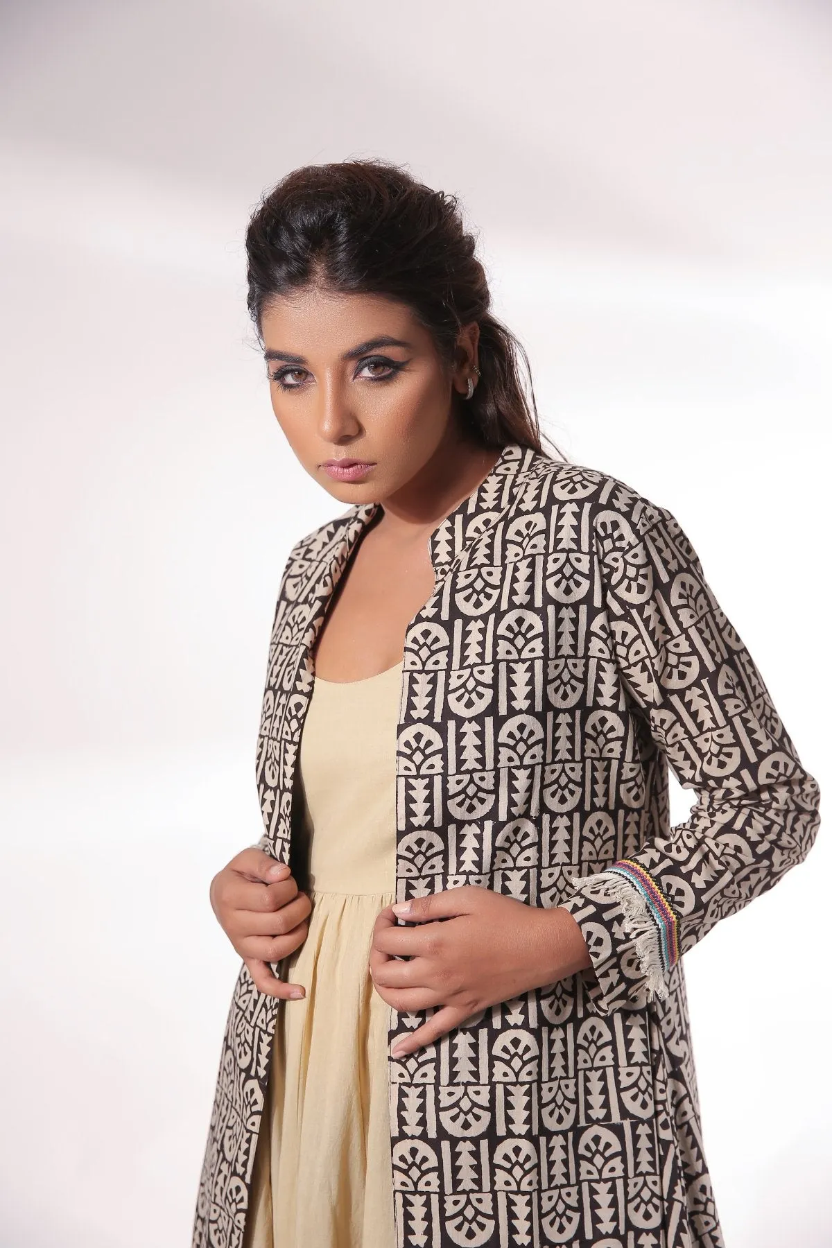 Cotton Block Print Maxi Dress With Cape