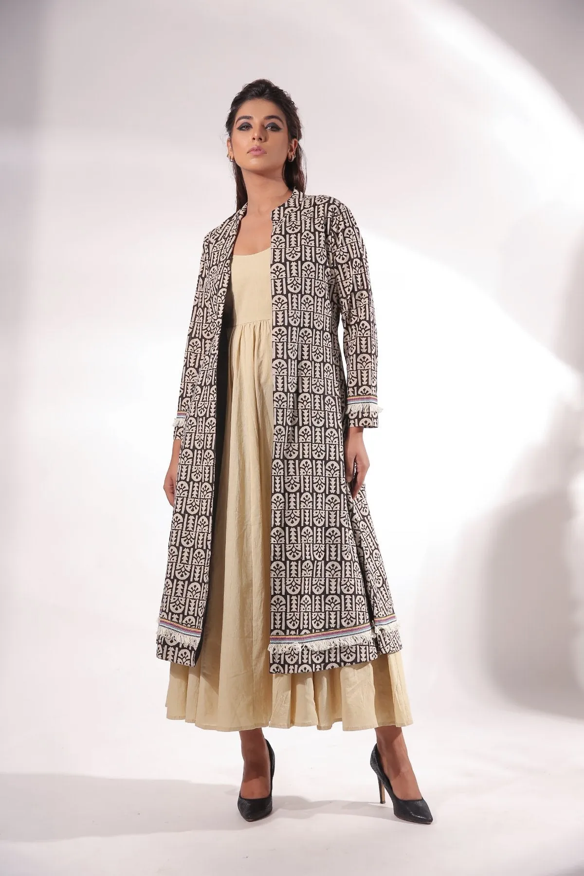 Cotton Block Print Maxi Dress With Cape