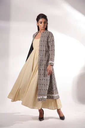 Cotton Block Print Maxi Dress With Cape