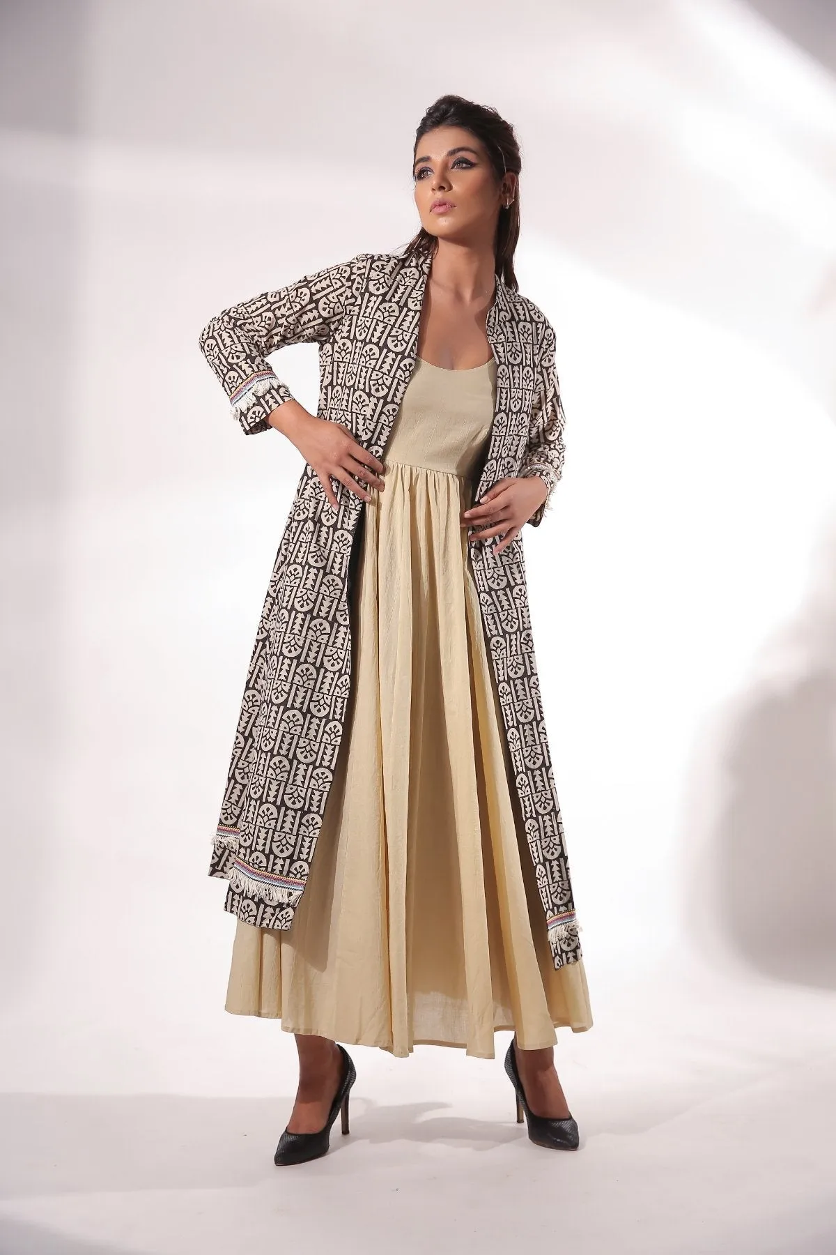 Cotton Block Print Maxi Dress With Cape