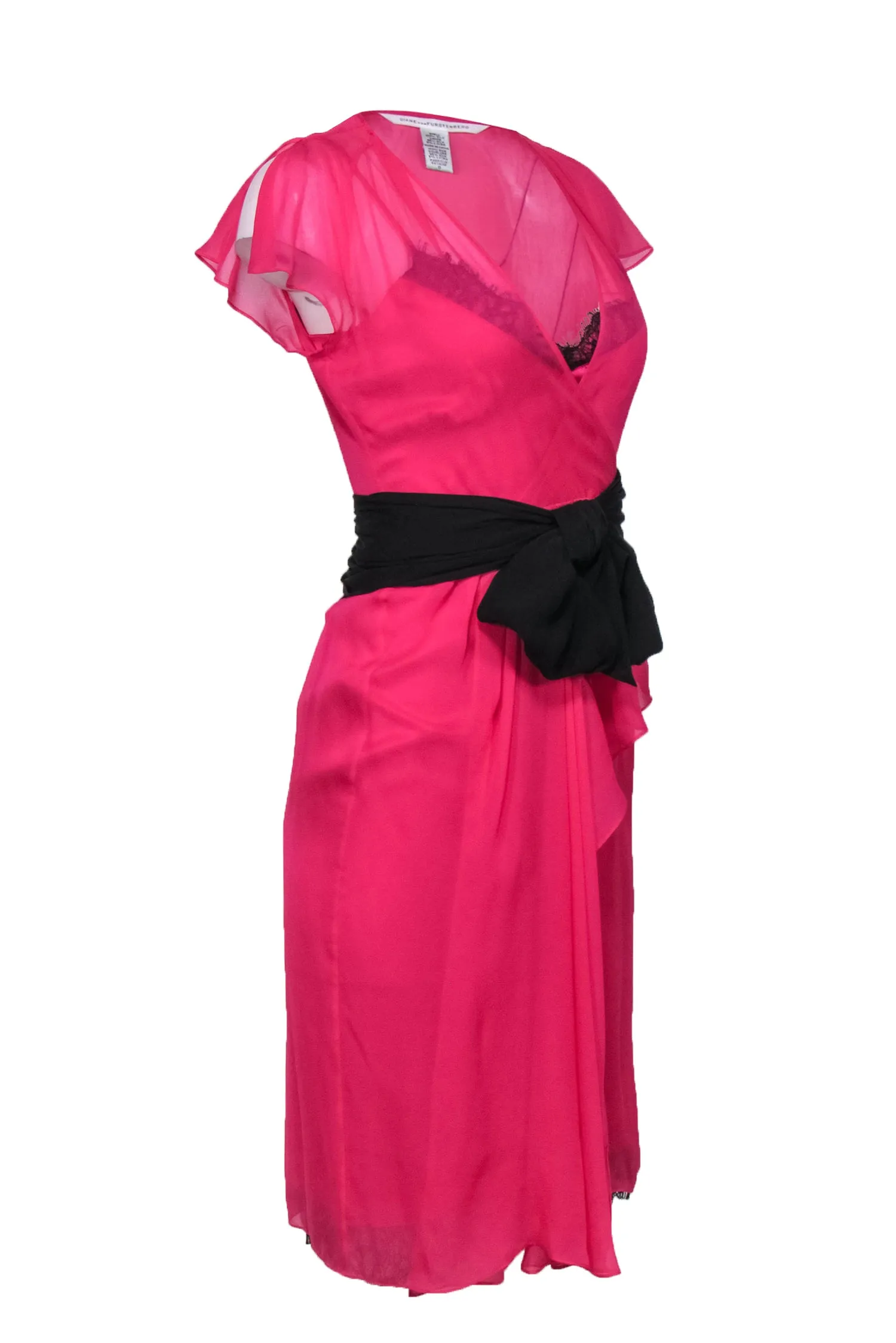 Diane von Furstenberg - Lace Trim Hot Pink Silk Wrap Dress Sz 0