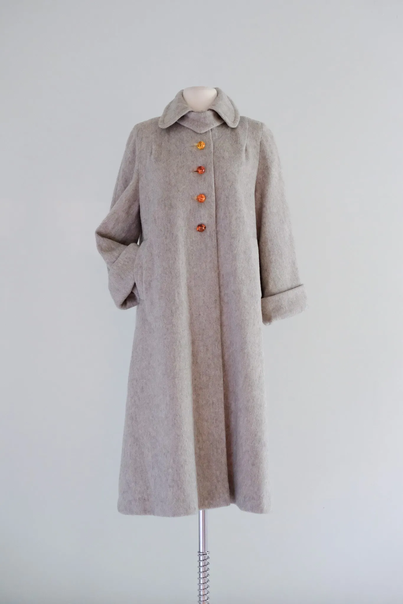 Elegant 1950's Grey Wool Swing Coat / Sz M