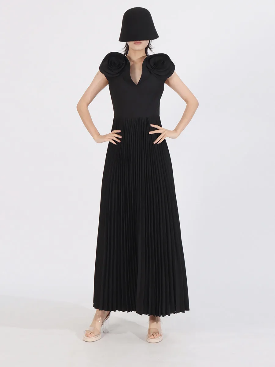 Elegant Patchwork Appliques Short Sleeve Pleated Dress