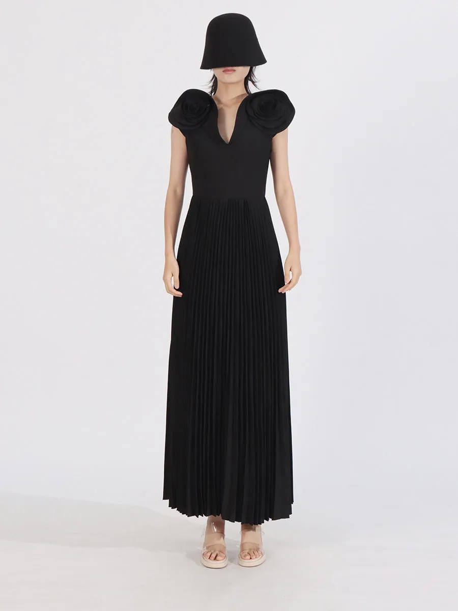 Elegant Patchwork Appliques Short Sleeve Pleated Dress