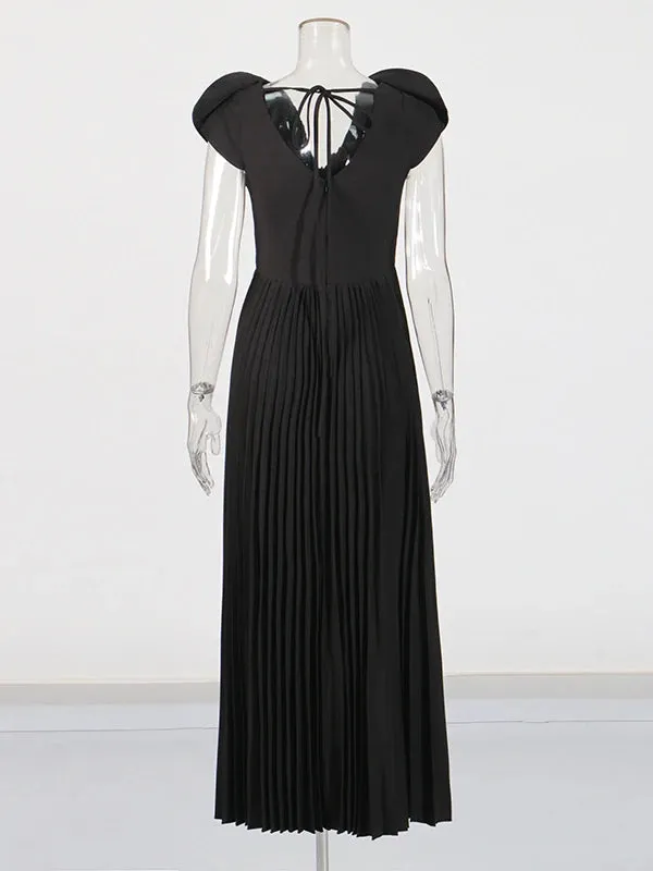 Elegant Patchwork Appliques Short Sleeve Pleated Dress