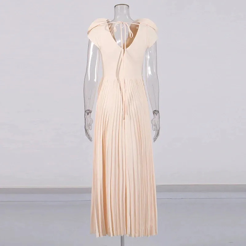 Elegant Patchwork Appliques Short Sleeve Pleated Dress