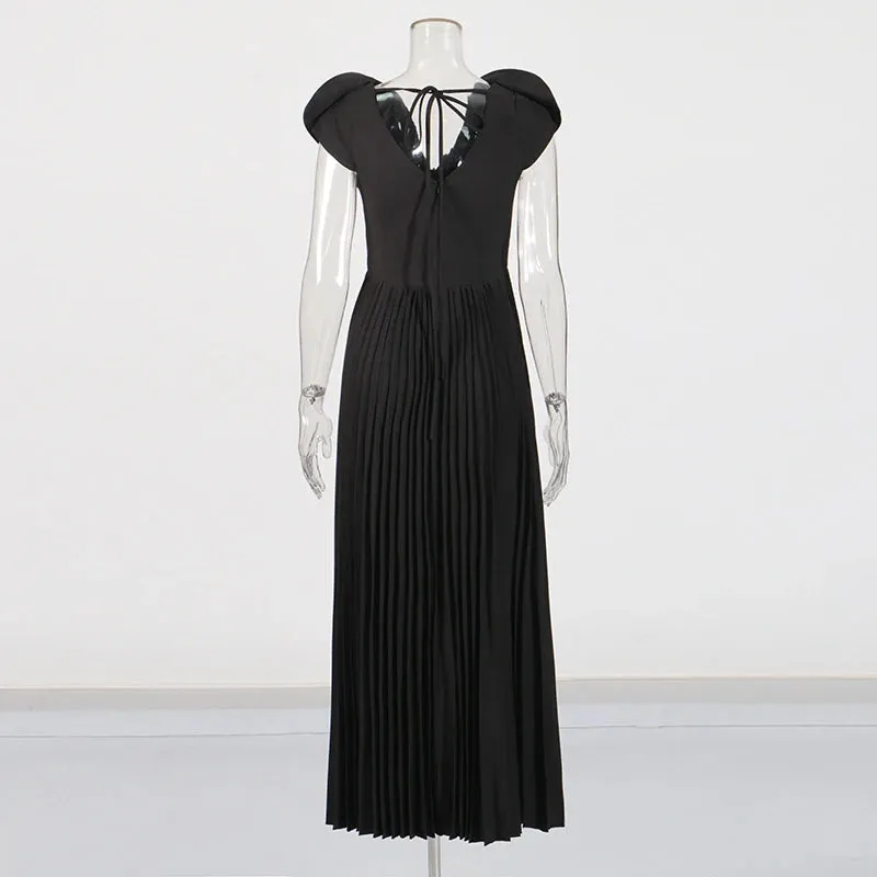Elegant Patchwork Appliques Short Sleeve Pleated Dress
