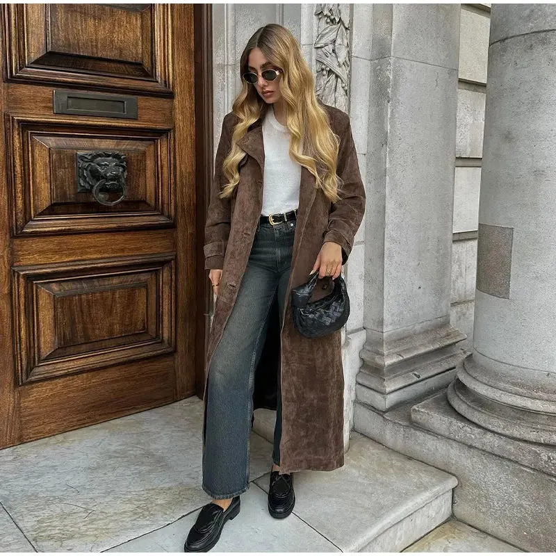 Elegant Vintage Suede Leather Double Breasted Long Coat
