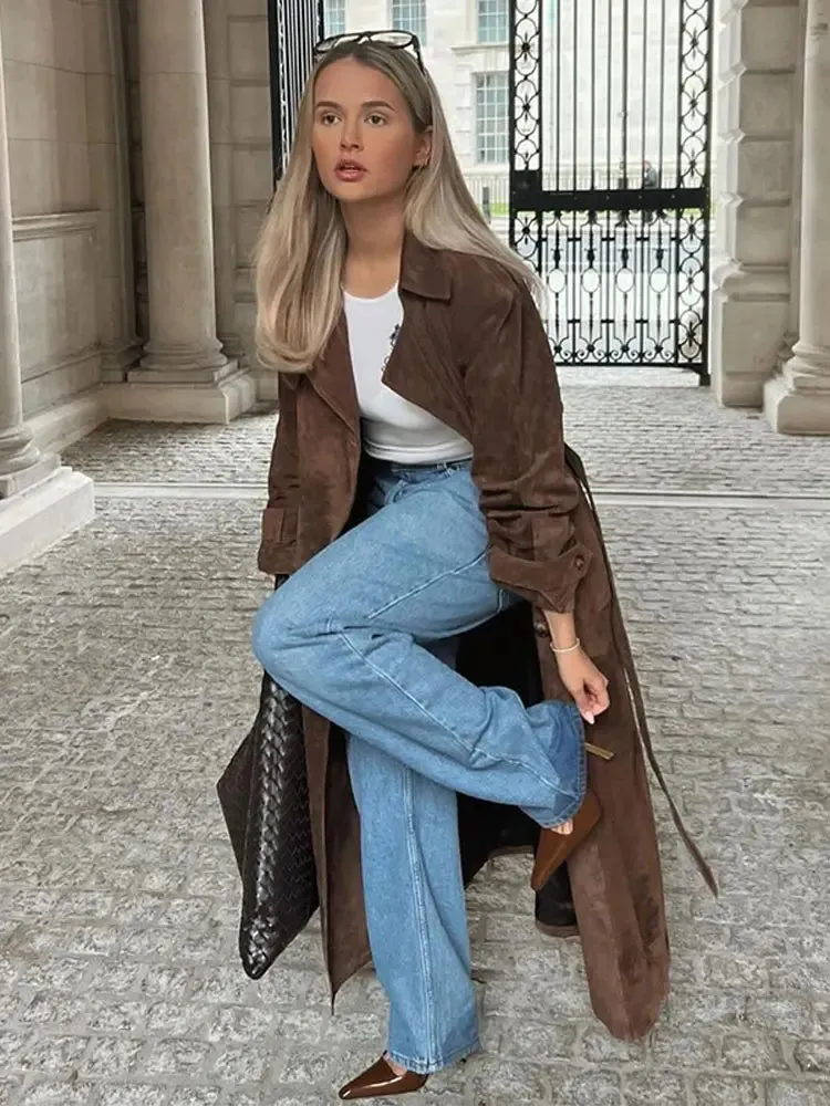 Elegant Vintage Suede Leather Double Breasted Long Coat