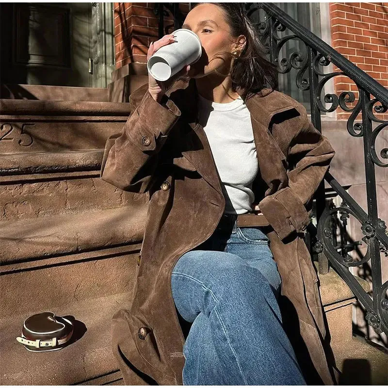 Elegant Vintage Suede Leather Double Breasted Long Coat
