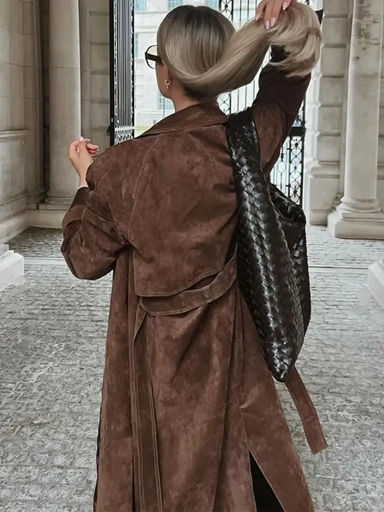 Elegant Vintage Suede Leather Double Breasted Long Coat