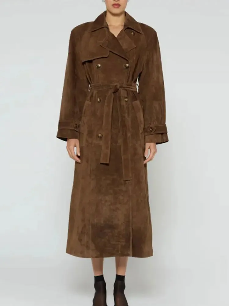 Elegant Vintage Suede Leather Double Breasted Long Coat