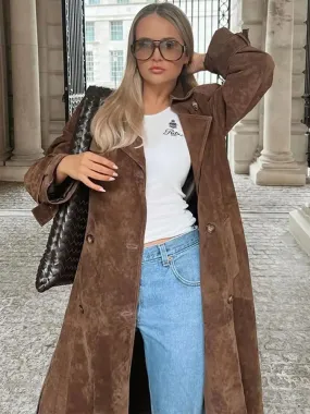 Elegant Vintage Suede Leather Double Breasted Long Coat