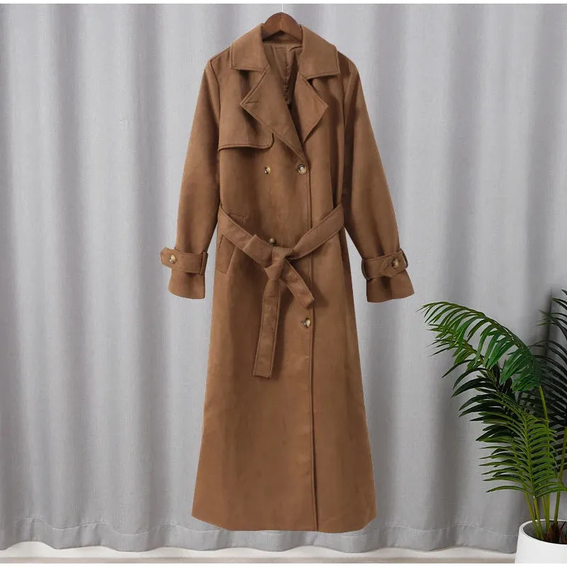 Elegant Vintage Suede Leather Double Breasted Long Coat