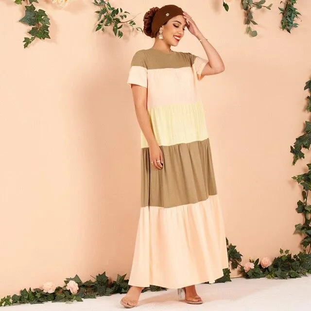 FashionSierra - Summer Women's Fashion Casual Multi-color Stitching Short-sleeved Cake Arab Dress (without Headscarf)