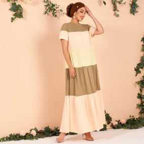 FashionSierra - Summer Women's Fashion Casual Multi-color Stitching Short-sleeved Cake Arab Dress (without Headscarf)