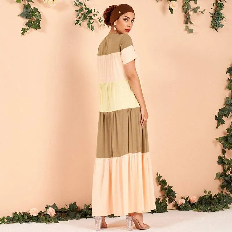 FashionSierra - Summer Women's Fashion Casual Multi-color Stitching Short-sleeved Cake Arab Dress (without Headscarf)