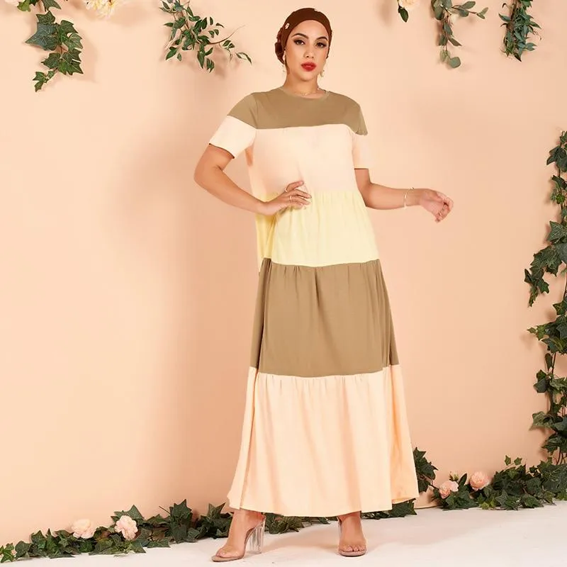 FashionSierra - Summer Women's Fashion Casual Multi-color Stitching Short-sleeved Cake Arab Dress (without Headscarf)
