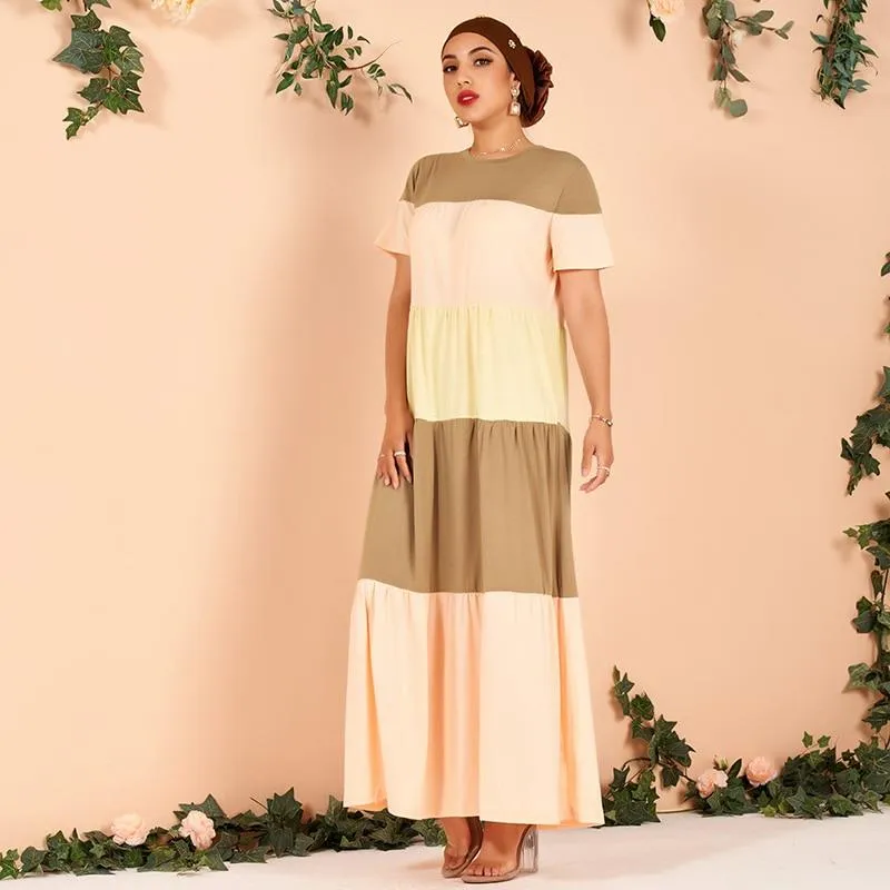 FashionSierra - Summer Women's Fashion Casual Multi-color Stitching Short-sleeved Cake Arab Dress (without Headscarf)