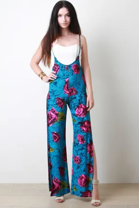 Floral Velvet Spaghetti Strap Side Slit Overall Pants