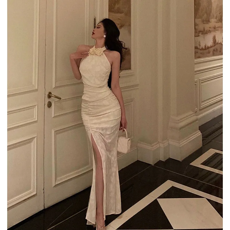 Flower lace halter neck top   pleated hip-wrapped slit skirt two-piece suit for women party dress     S5701