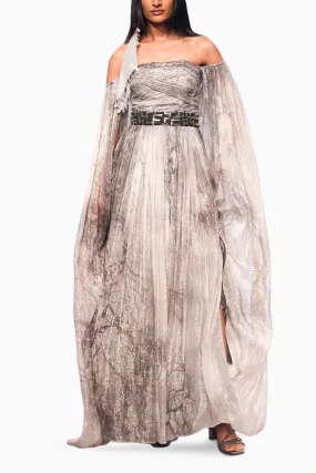 Forest Printed Cape Sleeve Gown