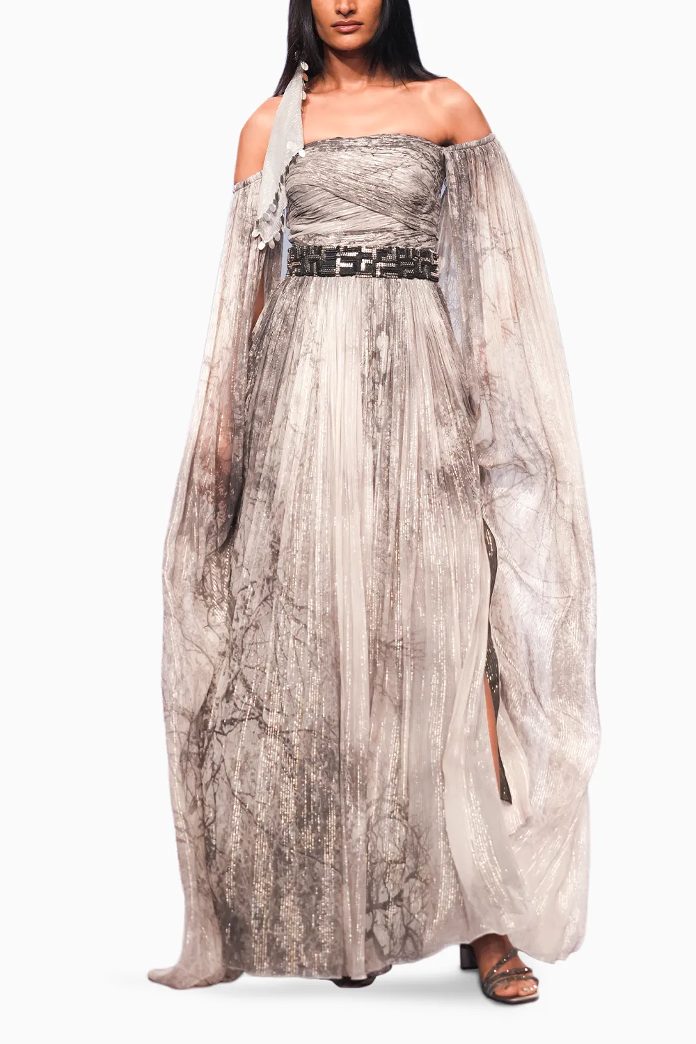 Forest Printed Cape Sleeve Gown