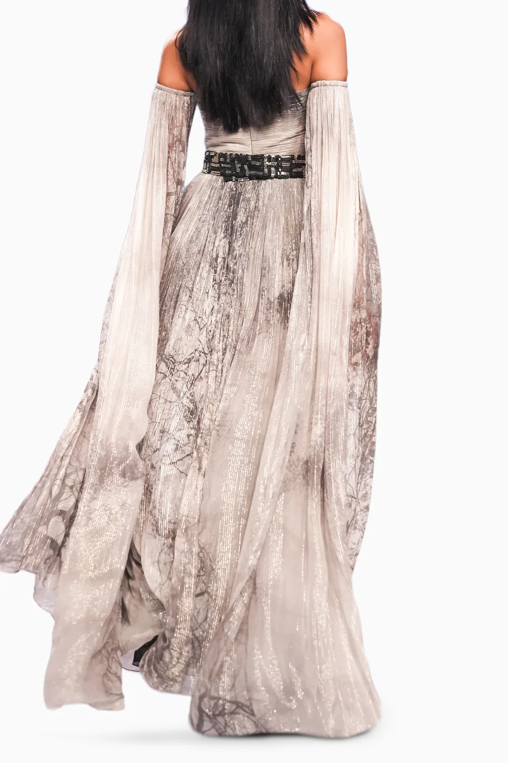 Forest Printed Cape Sleeve Gown