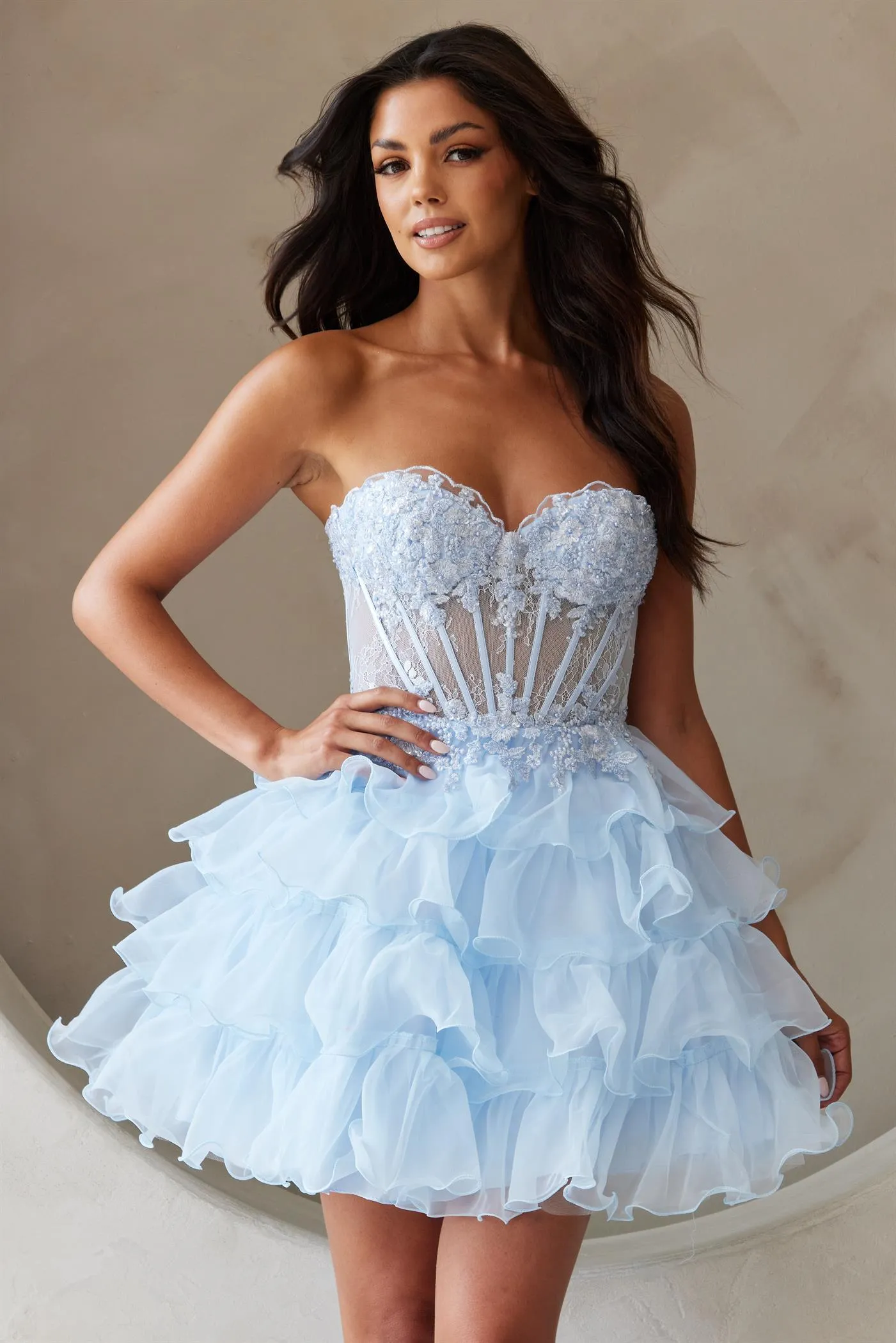 FORMAL MINI SLEEVELESS STRAPLESS BABY DOLL DRESS W/ FLORAL LACE EMBROIDERY