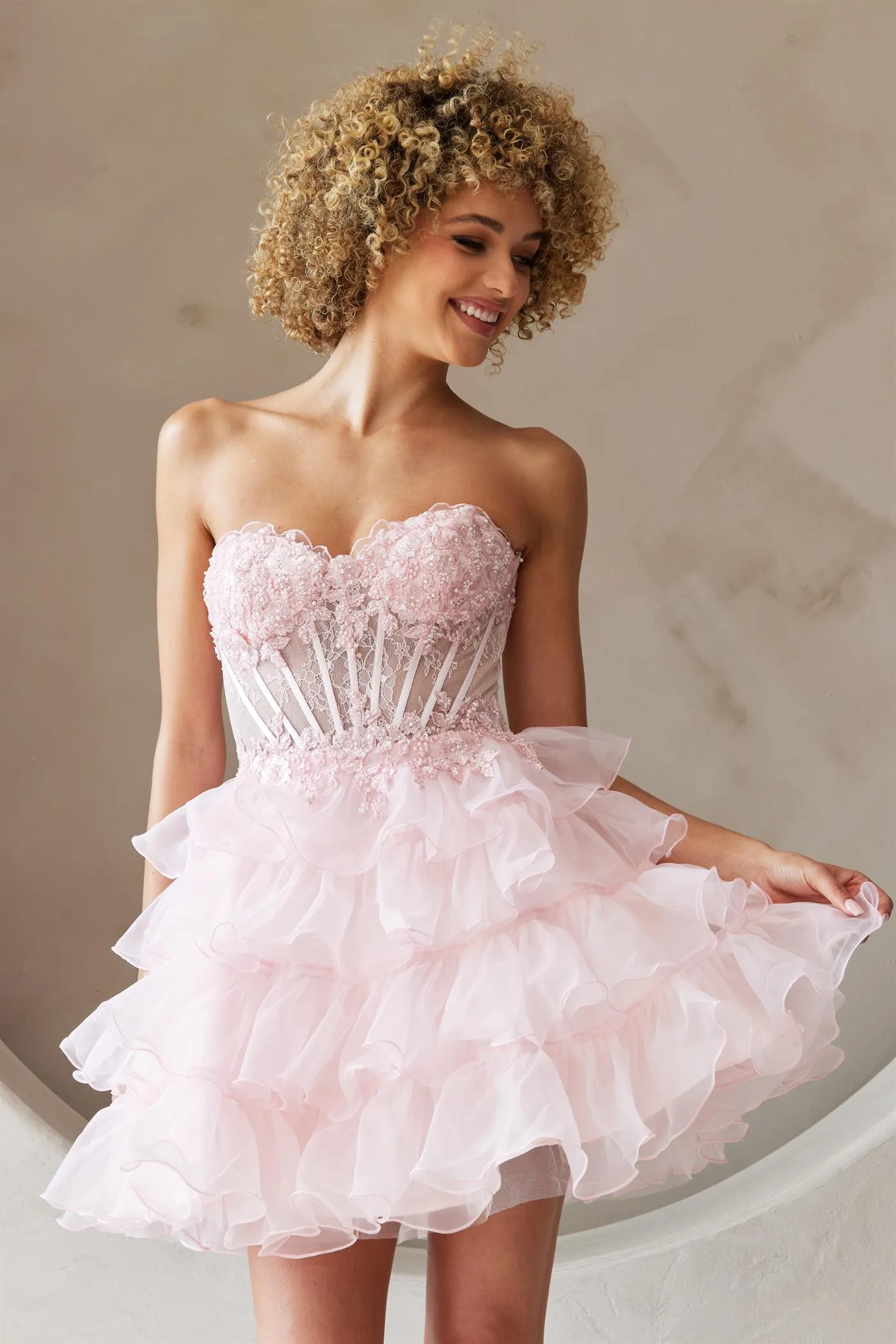 FORMAL MINI SLEEVELESS STRAPLESS BABY DOLL DRESS W/ FLORAL LACE EMBROIDERY