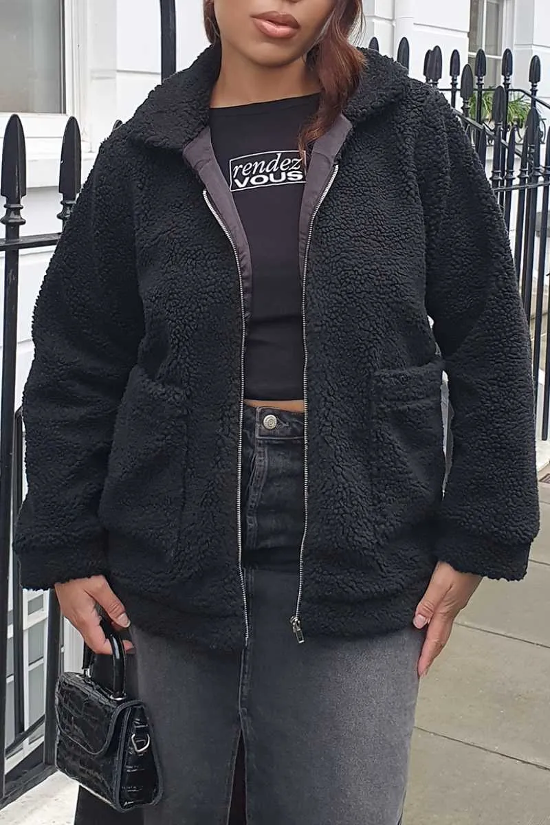 Front Pocket Teddy Shearling Jacket - Black