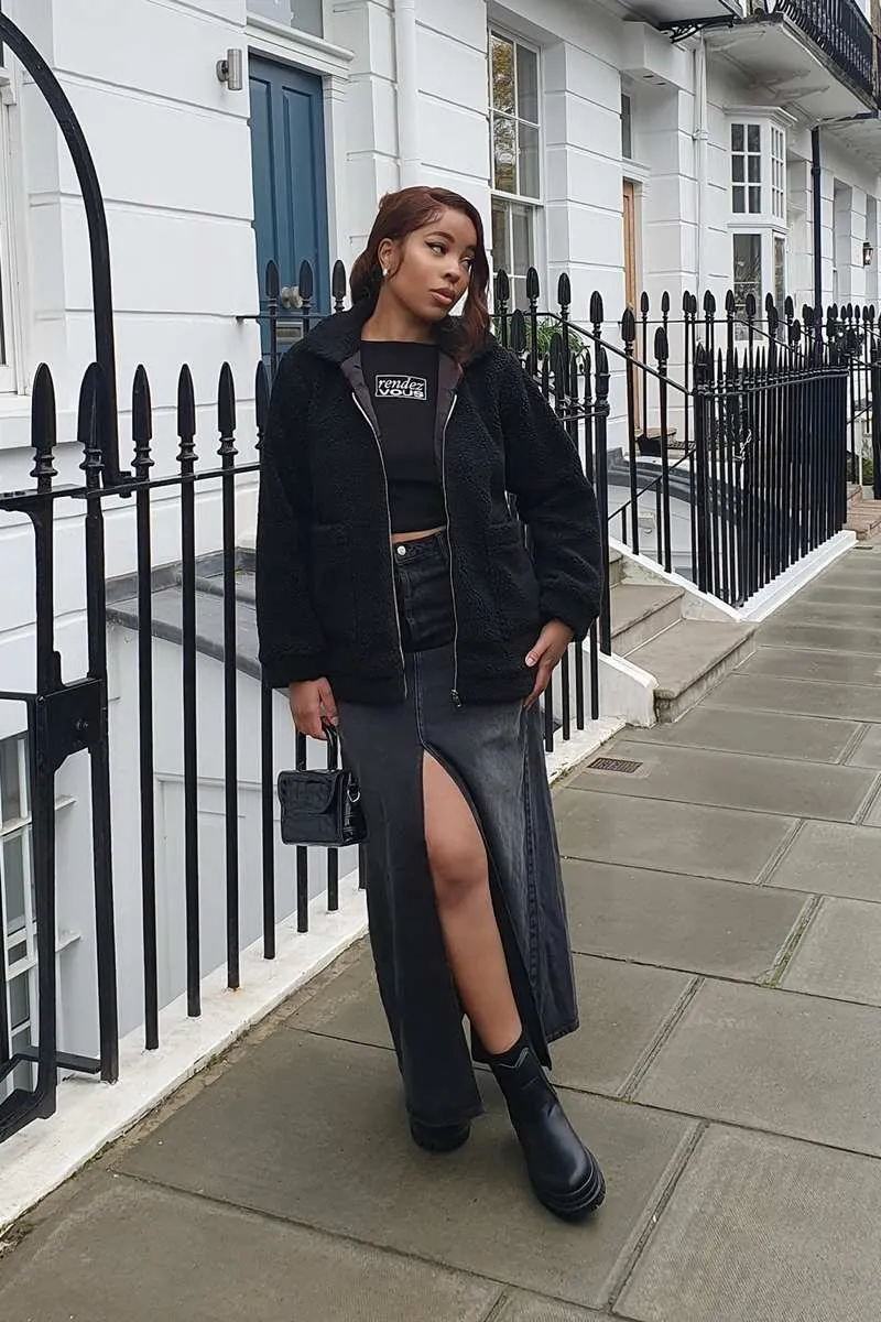 Front Pocket Teddy Shearling Jacket - Black