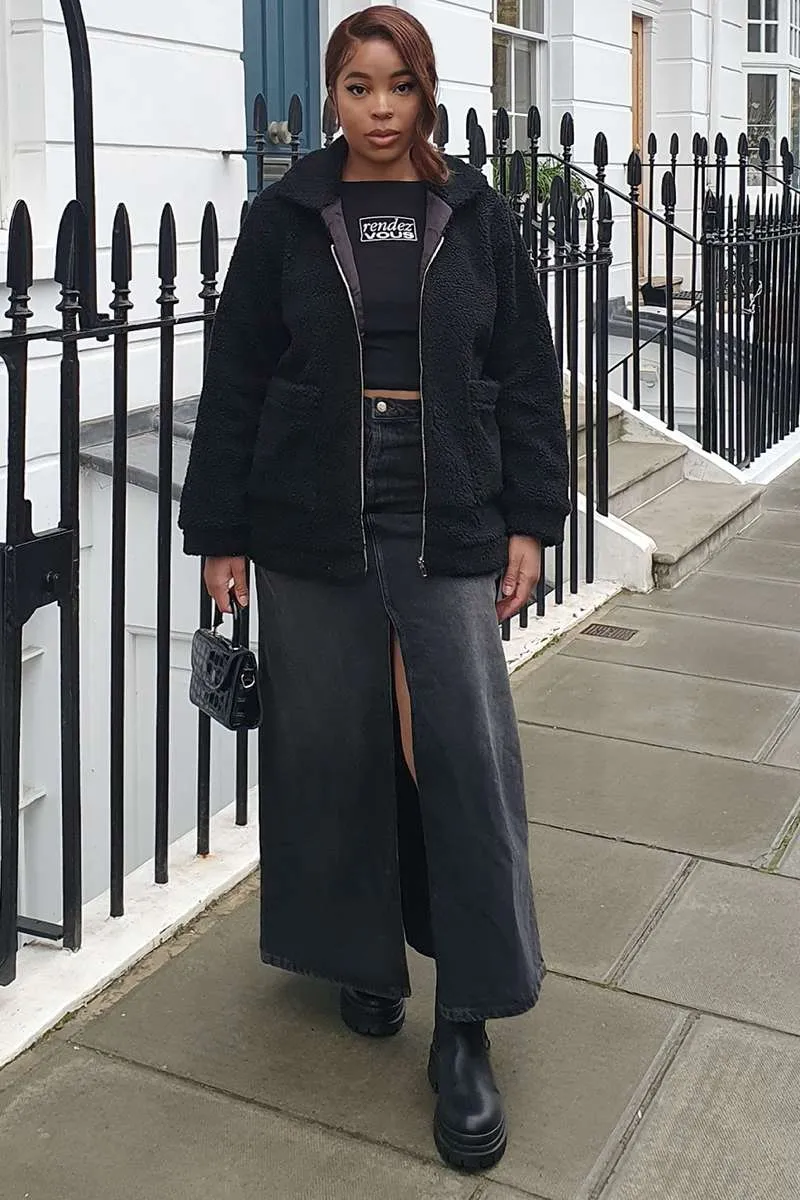 Front Pocket Teddy Shearling Jacket - Black