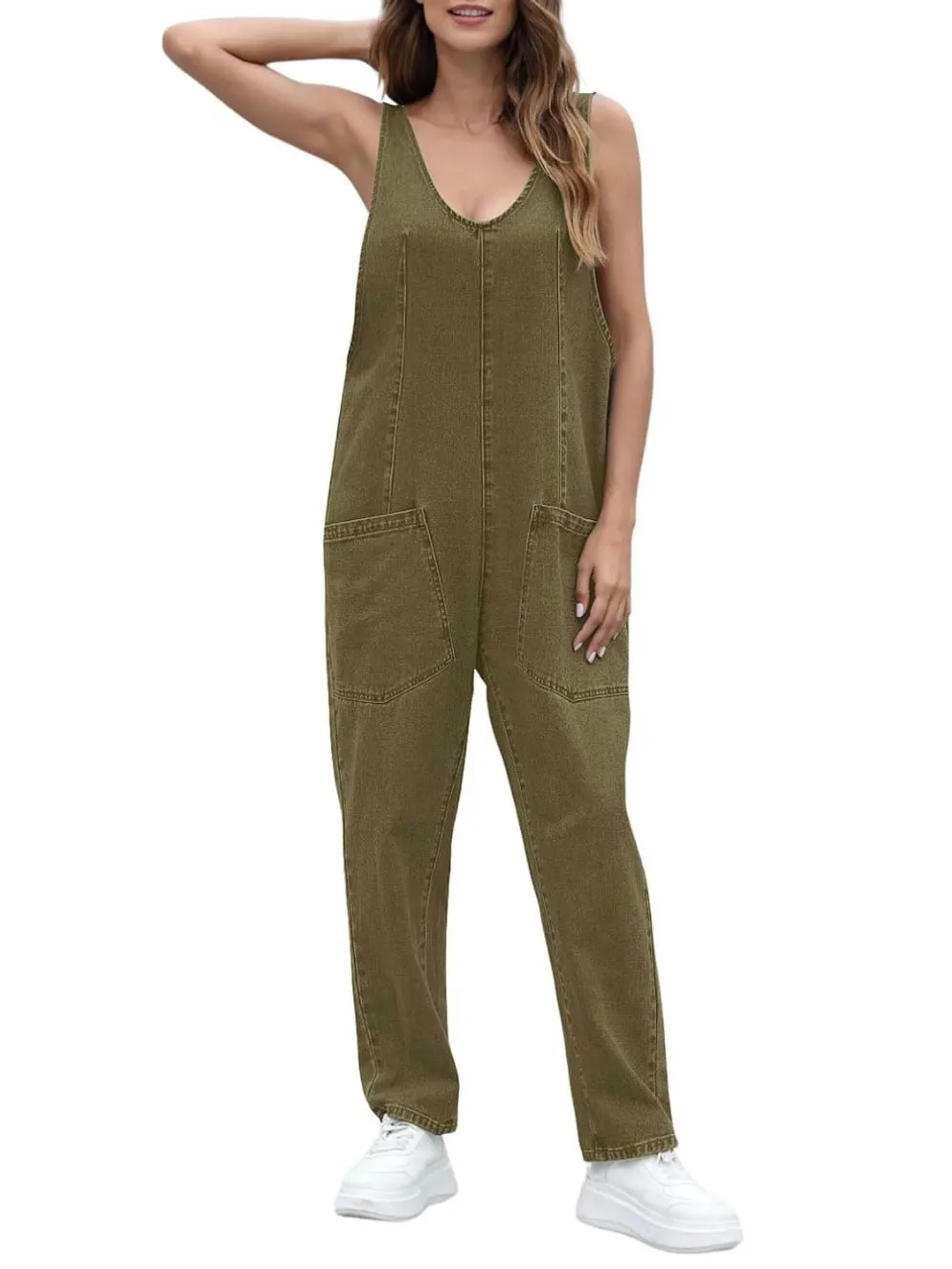Green denim loose jumper overall