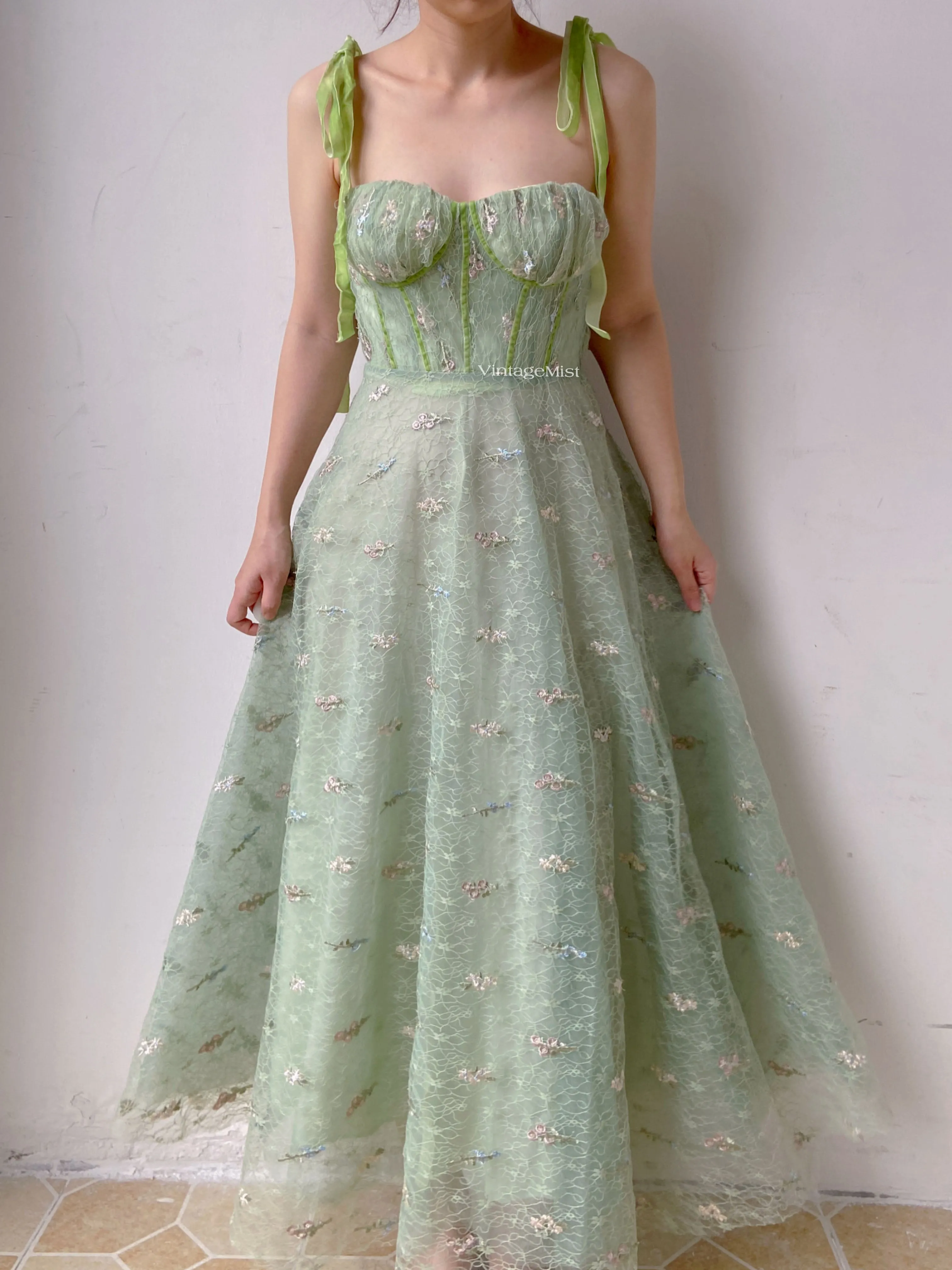 Green Tulle Prom Corset Dress with Floral Embroidery