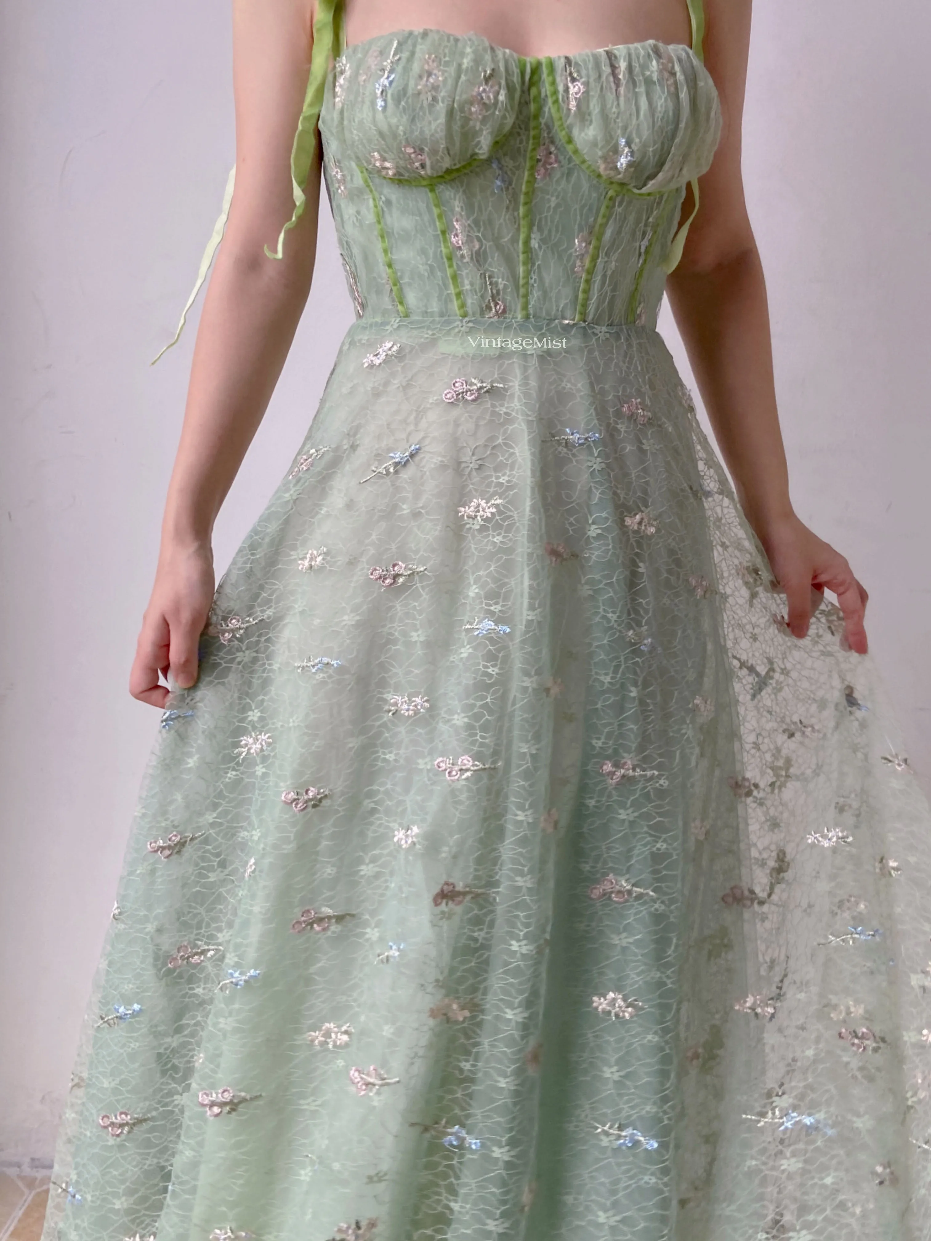 Green Tulle Prom Corset Dress with Floral Embroidery