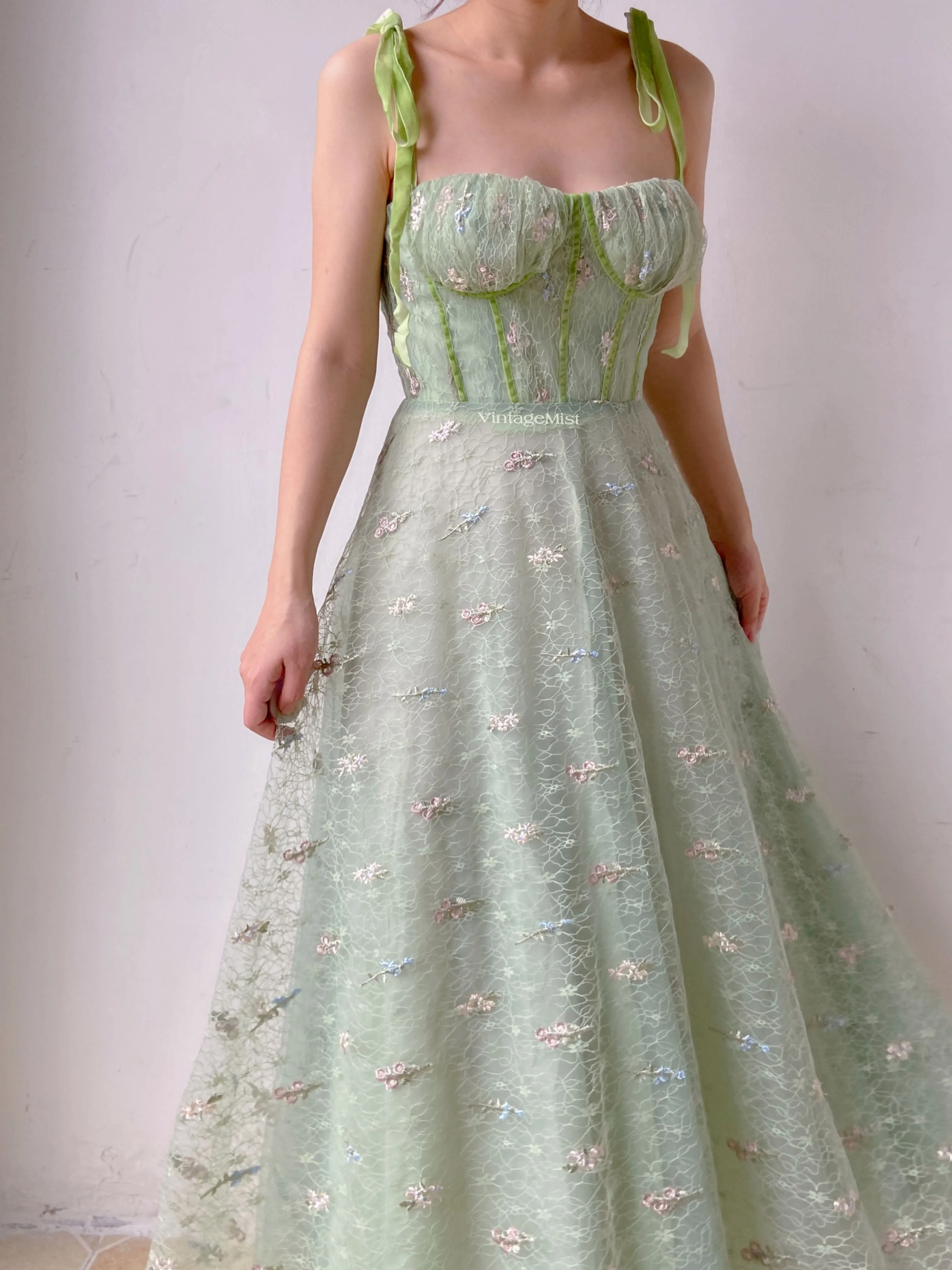 Green Tulle Prom Corset Dress with Floral Embroidery