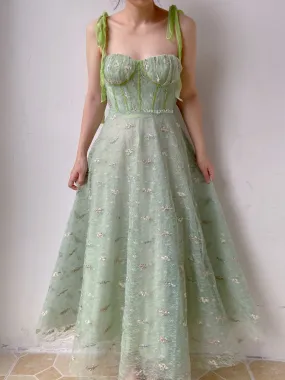 Green Tulle Prom Corset Dress with Floral Embroidery