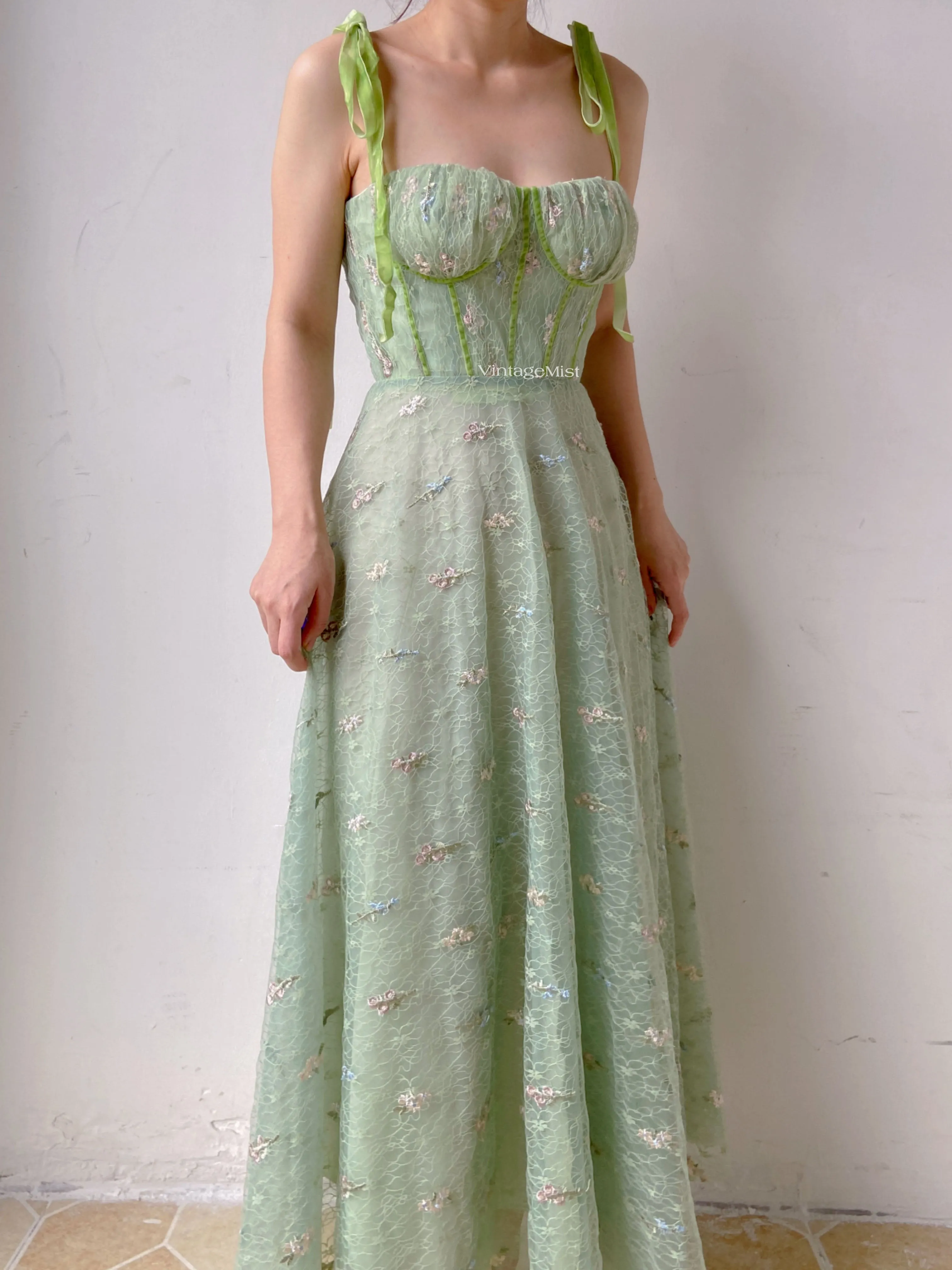 Green Tulle Prom Corset Dress with Floral Embroidery